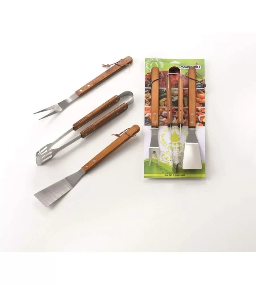 Set 3 pezzi in acciaio inox con manico in legno